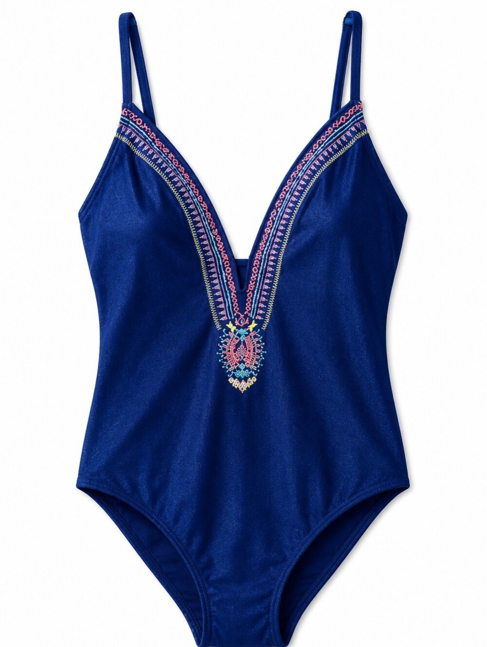 Design Lab Royal Blue Embroidered Deep V One-Piece Swimsuit Boho Swimwear SZ XL